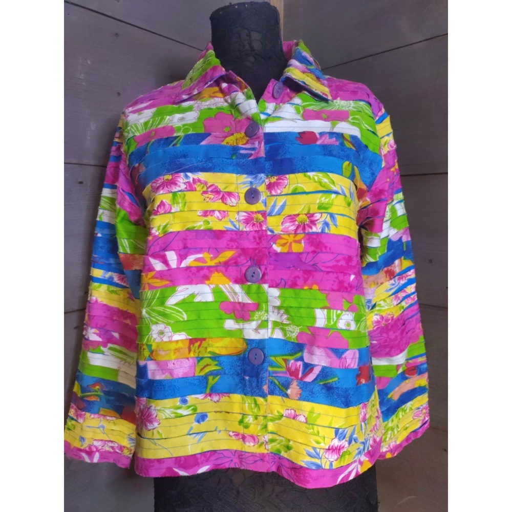 Keren Hart Tropical floral Ribbon Strip Button Collared Lined Blazer Size S